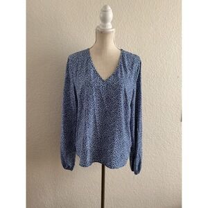SHEIN Blouse XL Blue White Geometric Print V-Neck Long Sleeve Top